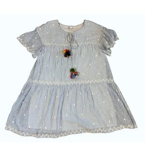 Zara TRF Blue‎ Stripe Pom Pom Tassel Dress S Boho Summer Polyester